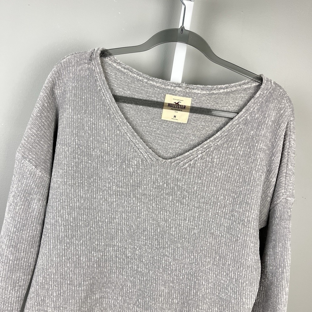 Hollister Cropped Chenille Sweater Womens M Gray Soft Pullover Boxy Wide Neck
